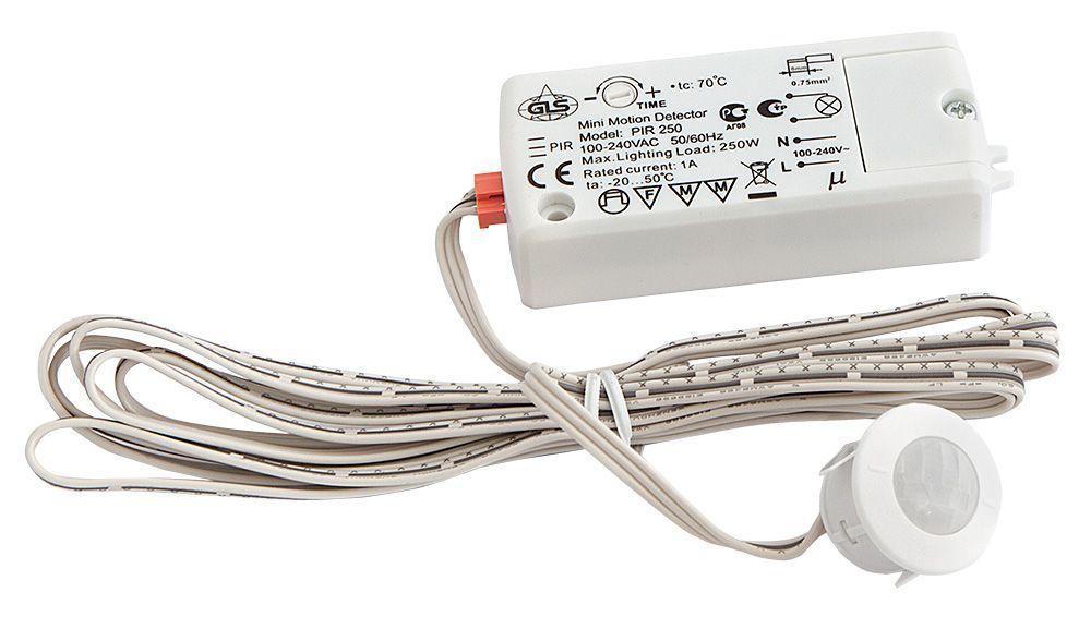 

Выключатель врезной PIR250, датчик движения 2м, max 220V, max 250W, провод 2м, белый