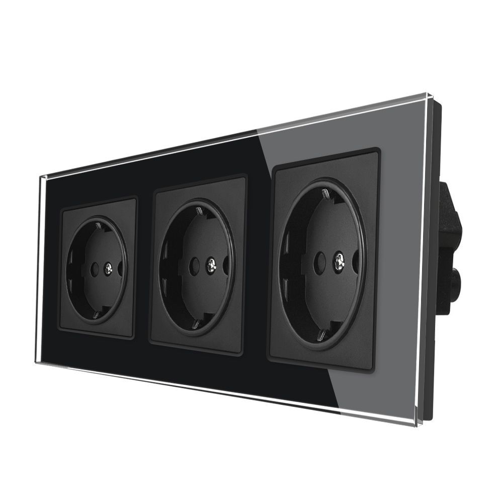 

Розетка тройная 3 поста, 16А 250В, TK-Electric, рамка закаленное стекло, Чёрный, Черный