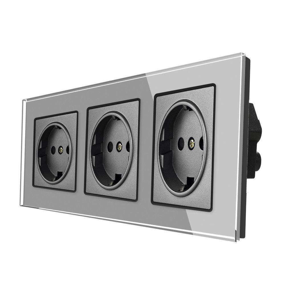 

Розетка тройная 3 поста, 16А 250В, TK-Electric, рамка закаленное стекло, Серый