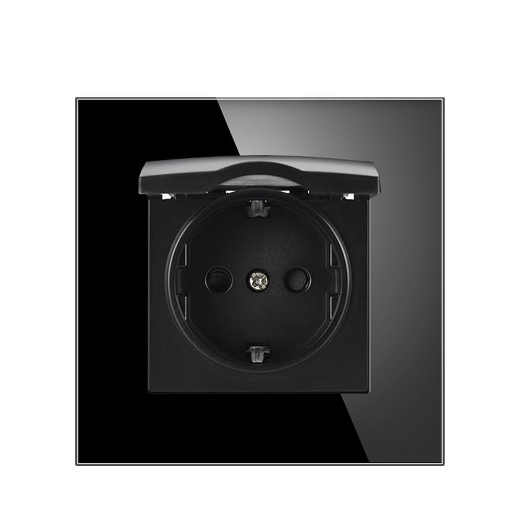 

Розетка с крышкой 16А 220В, IP44, TK-Electric, рамка закаленное стекло, цвет чёрный