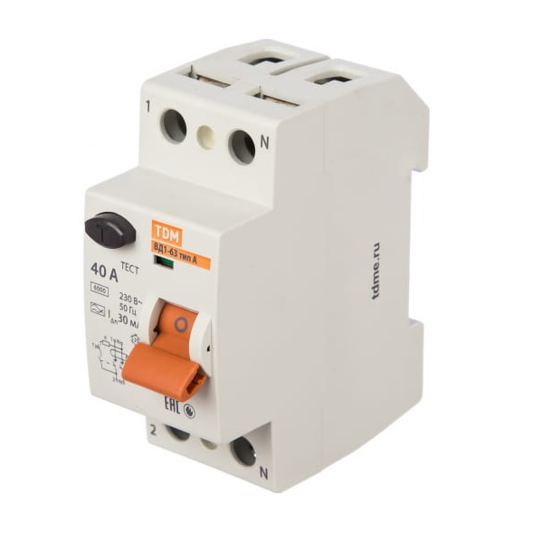 

TDM Electric ВД1-63 устройство защитного отключения 2 полюса 40А хар-ка АС 30мА