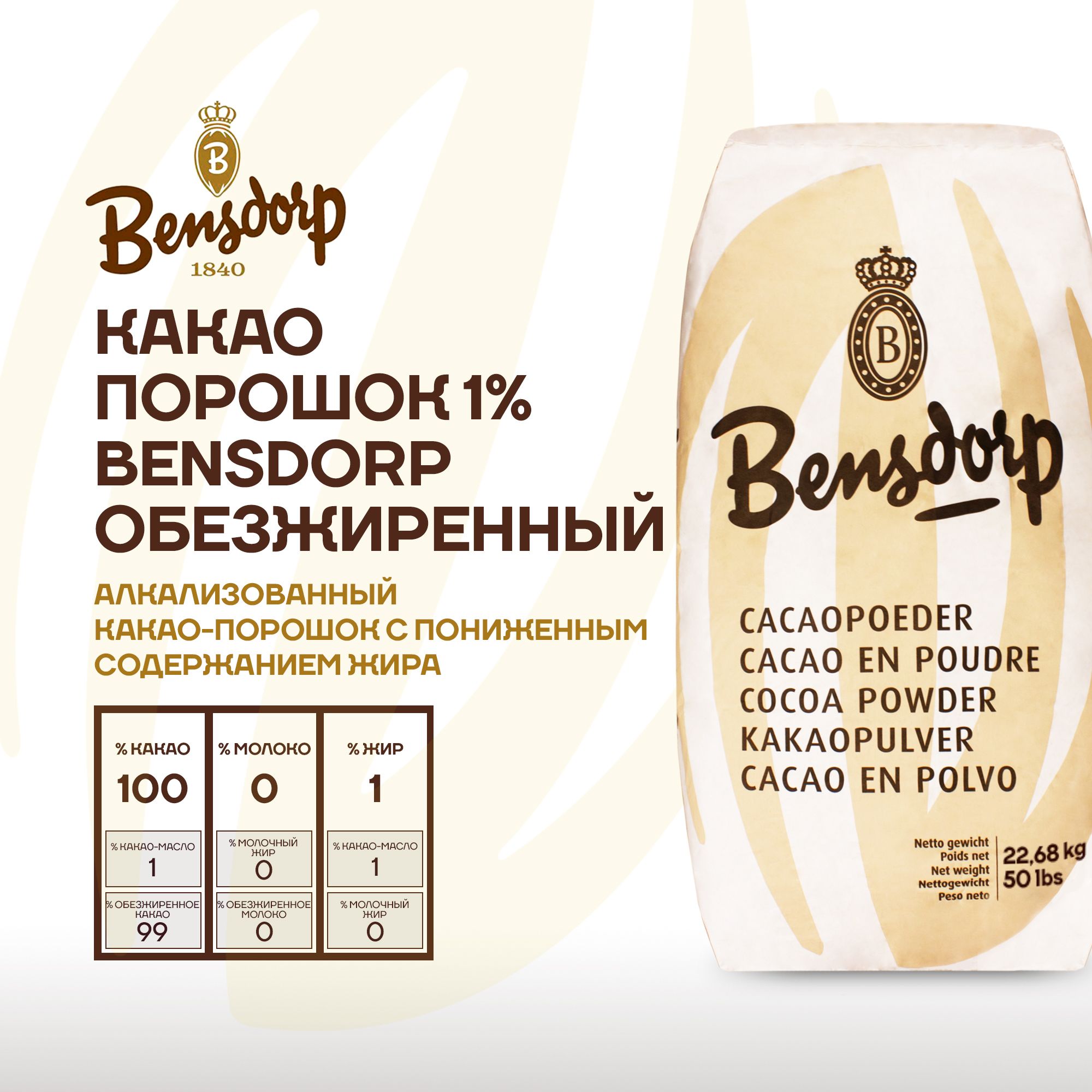 Алкализованный какао порошок Bensdorp 1% обезжиренный 22,68 кг Франция