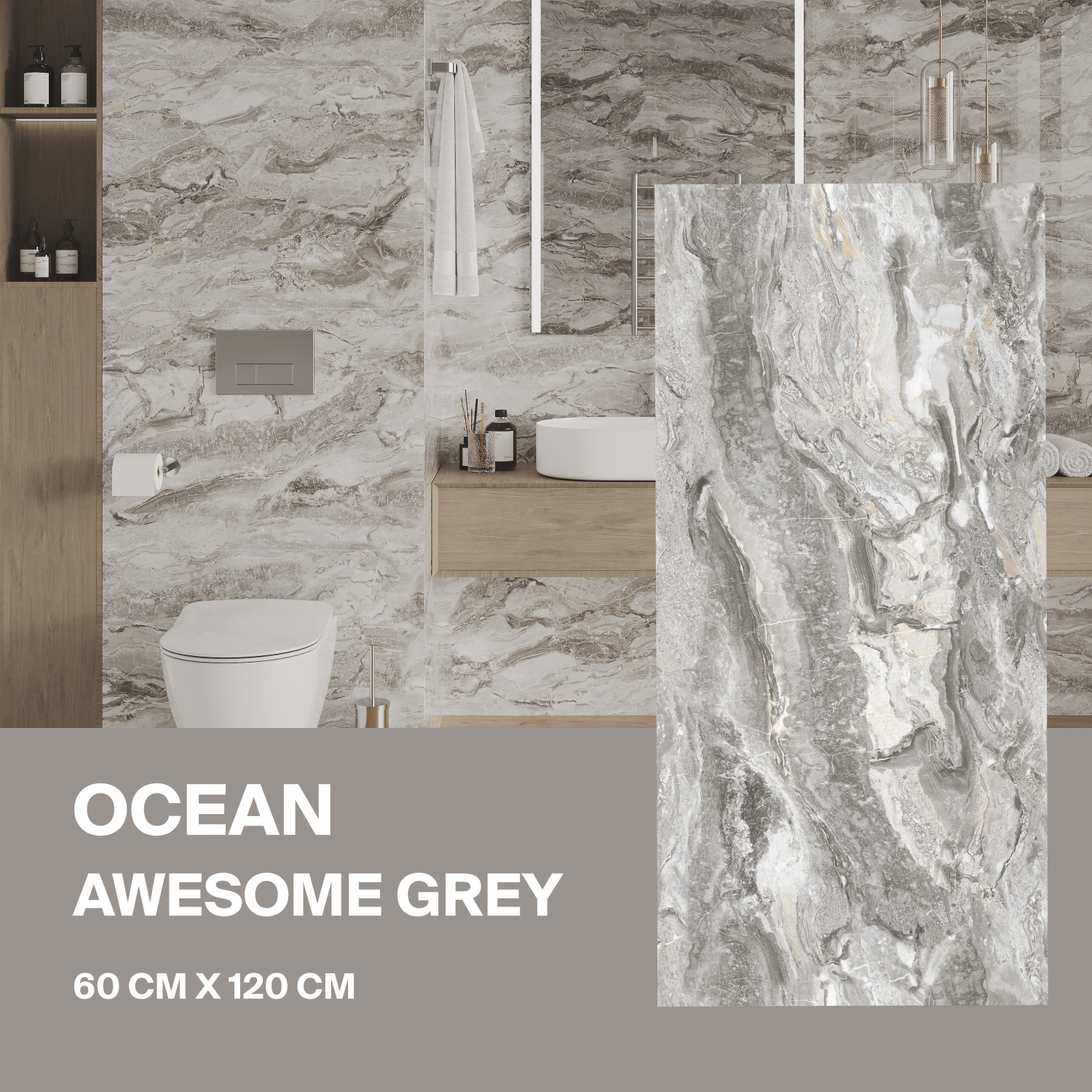 

Керамогранит Ceradim Ocean Awesome Grey серый 60х120 Полированный уп. 1.44 м2 (2 плитки), Ocean Awesome Grey