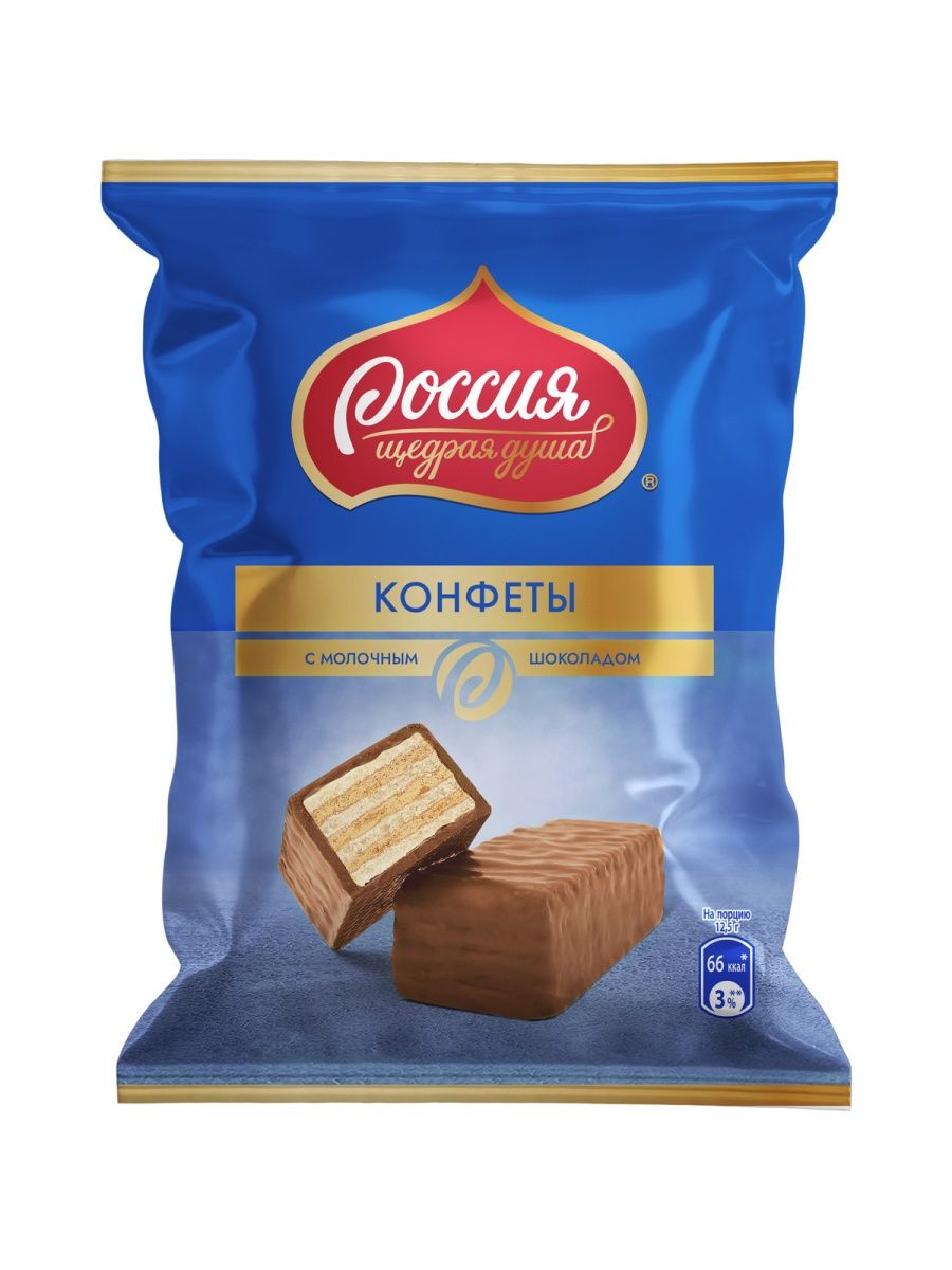 

Конфеты вафельные Россия - щедрая душа! с вафлей и молочным шоколадом