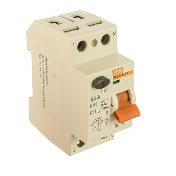 фото Tdm electric вд1-63 устройство защитного отключения 2 полюса 63а хар-ка ас 100ма