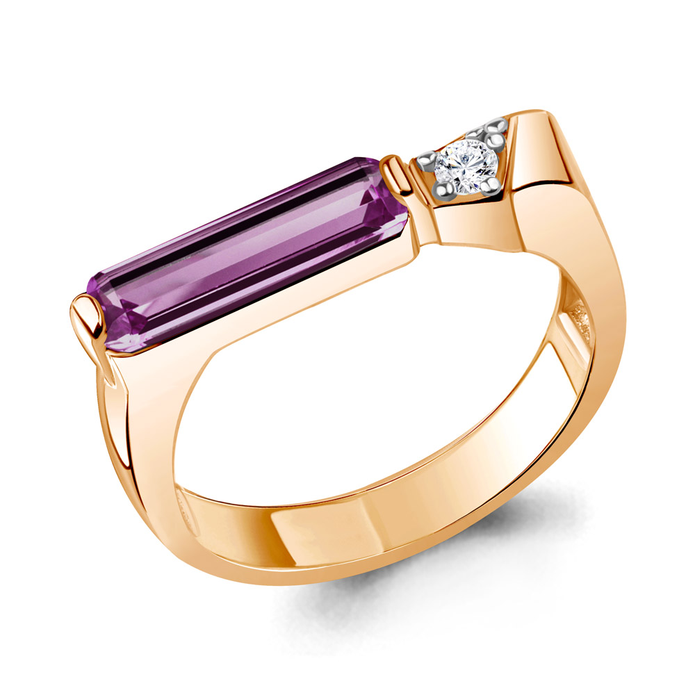 

Кольцо из серебра с аметистом искусственным/фианитом р. Aquamarine 6976084А, 6976084А_925_з