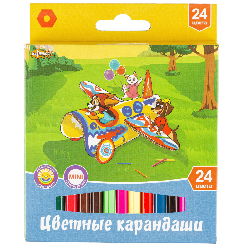 

Карандаши цветные 24 цв 6-гран №1School Шустрики короткие, 88 мм, (3шт.)