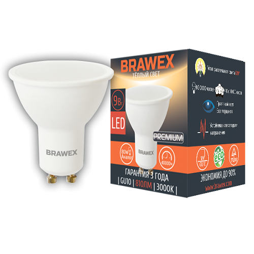 

Упаковка светодиодных ламп Brawex 9Вт 3000К PAR16 GU10 4107J-PAR16k1-9L 10 шт