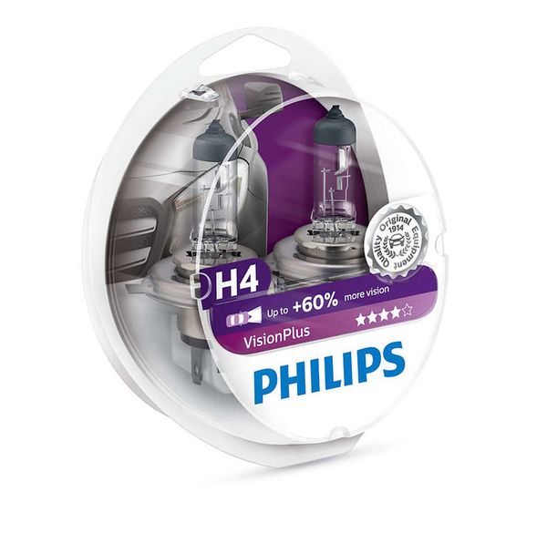 

Лампа автомобильная галогенная Philips Vision Plus H4 12V 60/55W 2 шт., Лампа автомобильная галогенная H4