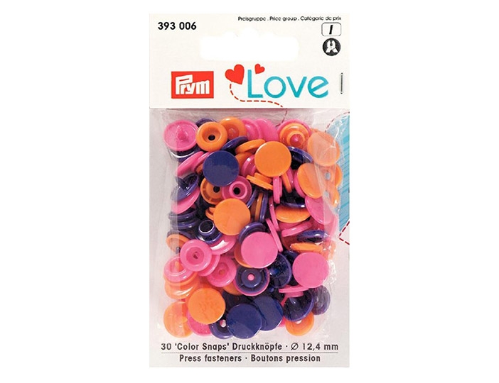 Кнопки Color Snaps PRYM Love , оранжевый/розовый/фиолетовый, 12мм, 30шт