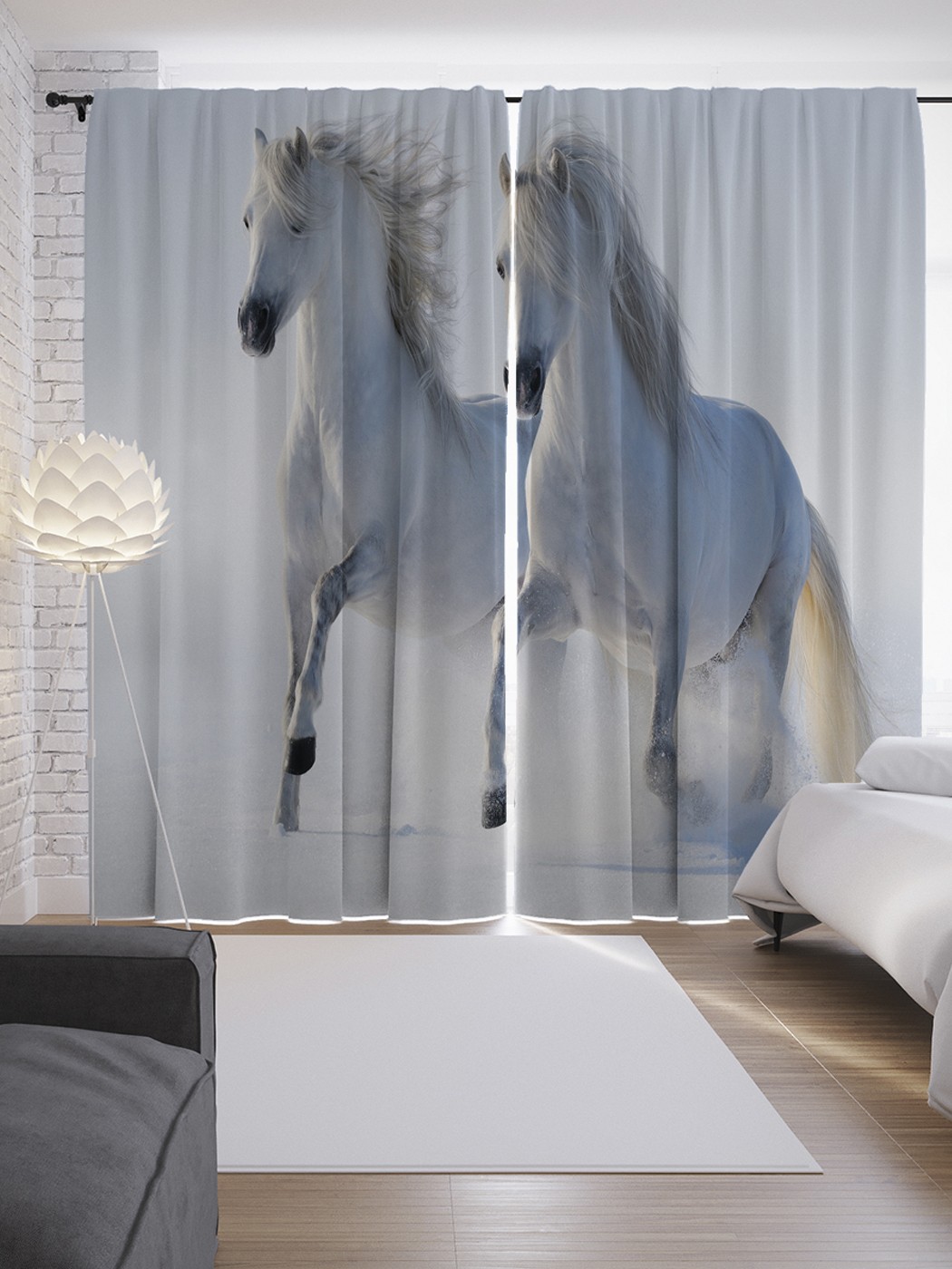 фото Шторы с фотопечатью "белоснежные лошади" из сатена, 290х265 см joyarty