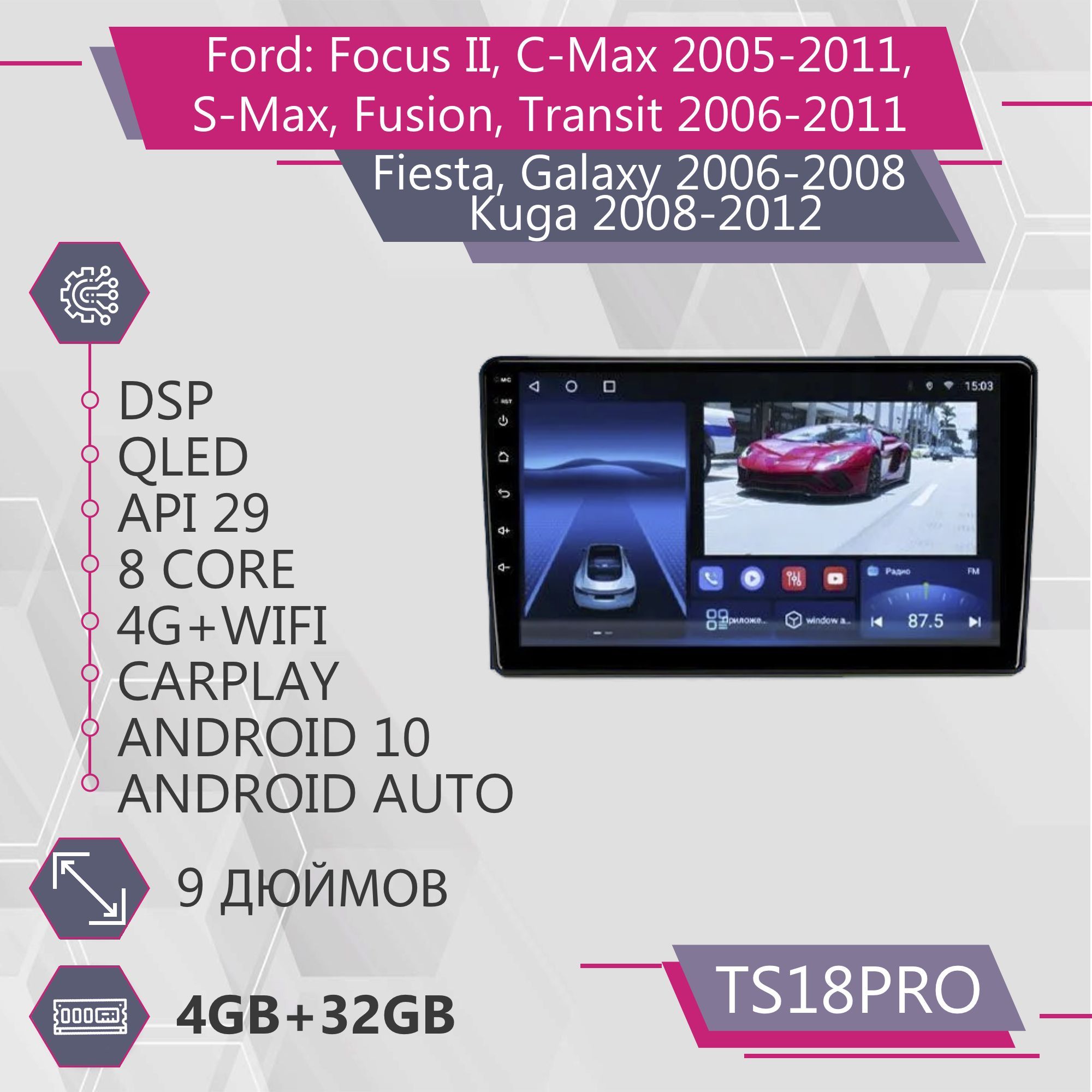 Магнитола Точка Звука TS18Pro для Ford Focus Fusion Transit Fiesta Galaxy Kuga 4+32GB