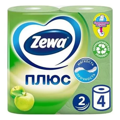 

Туалетная бумага Zewa Плюс Яблоко, 2 слоя, 4 рулона, Зеленый, plus Аромат яблока