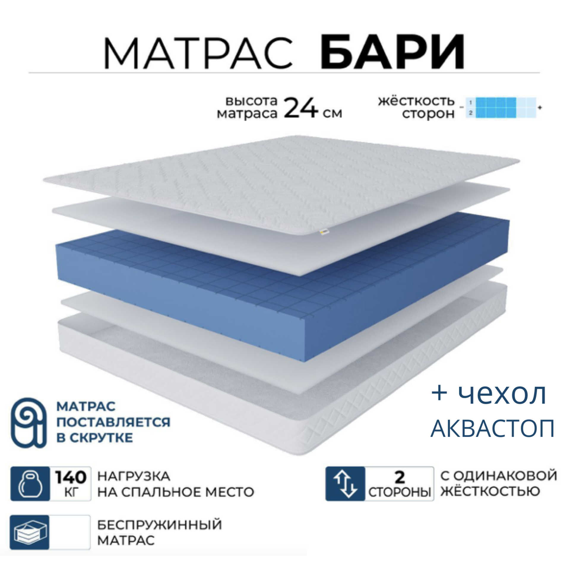 

Ортопедический матрас Beneli Бари в скрутке + чехол Аквастоп на 30 см, 160х200, Белый, Бари