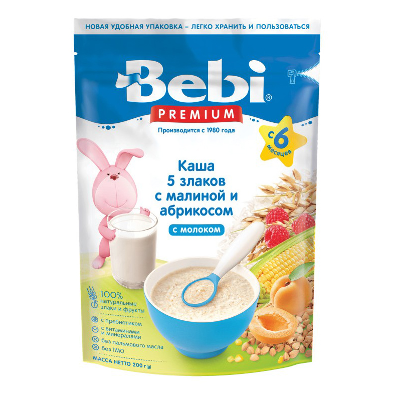 Каша Bebi Premium молочная 5 злаков малина-абрикос с 6 месяцев 200 г