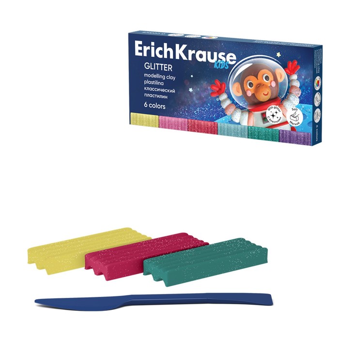 

Пластилин 6 цветов, 108 г, ErichKrause Kids Space Animals Glitter, с блестками