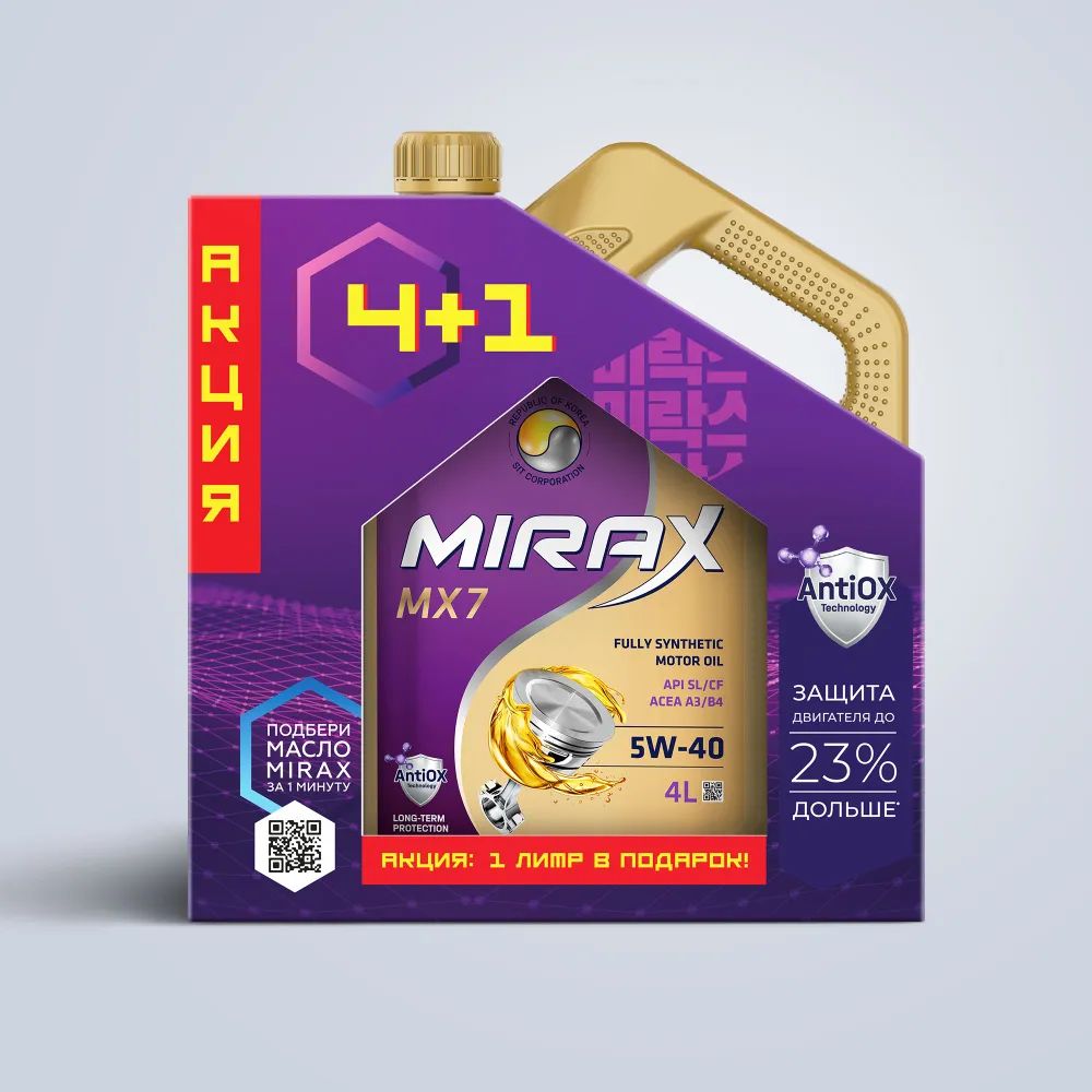 Масло моторное Mirax MX7 5W-40, A3/B4, SL/CF, синтетическое 4+1 л