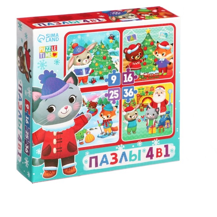 Puzzle Time 4 в 1, Новый год у зверят, 9, 16, 25, 36 элементов пазл puzzle time в ожидании нового года большая подарочная коробка 160 элементов