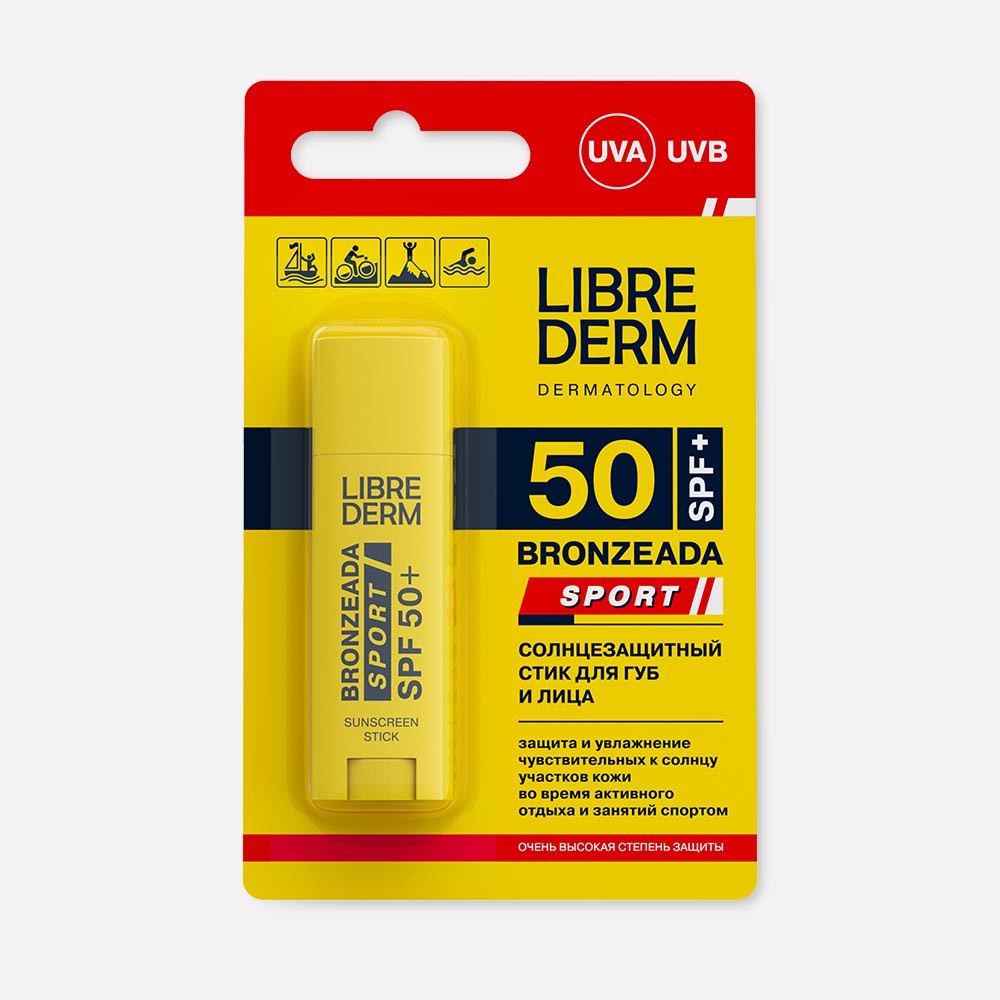 

Стик солнцезащитный Librederm Bronzeada Sport SPF 50+, UVA, для губ и лица, 4,8 г