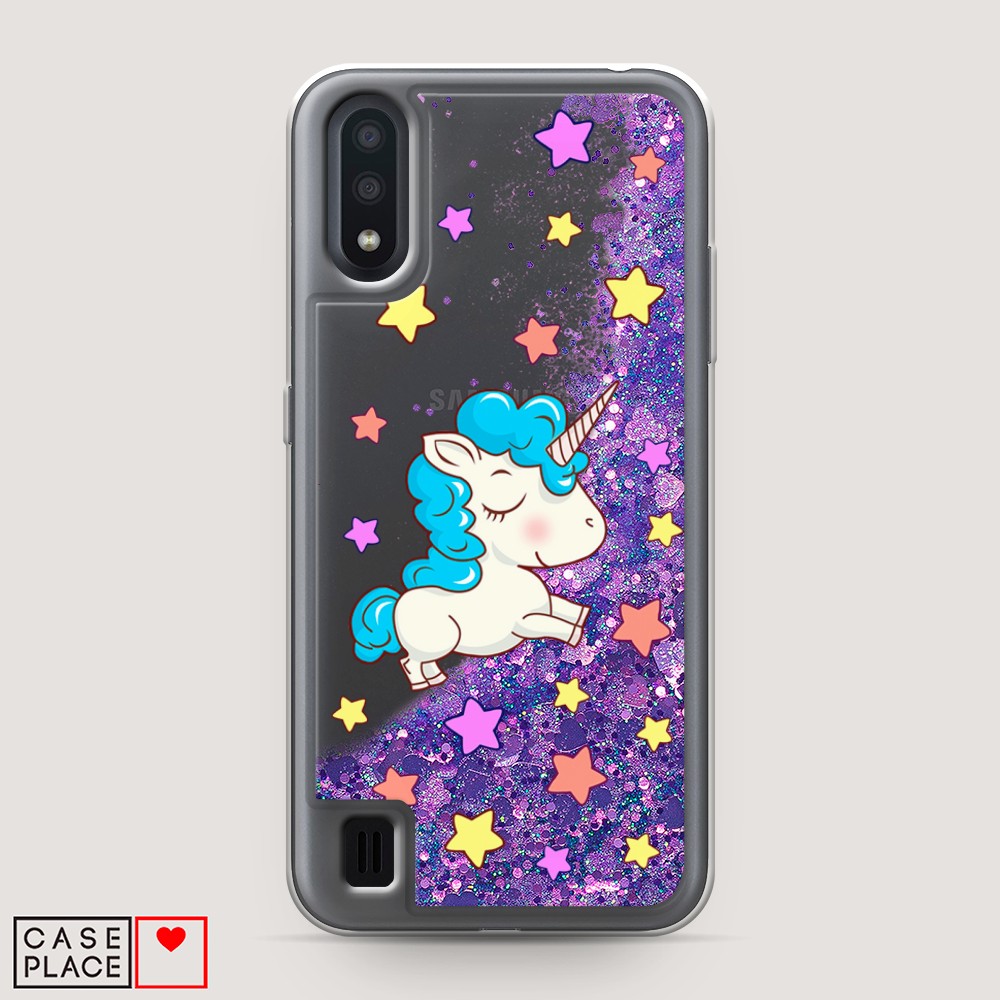 

Жидкий чехол с блестками "Звездный единорог" на Samsung Galaxy A01, 29592-1