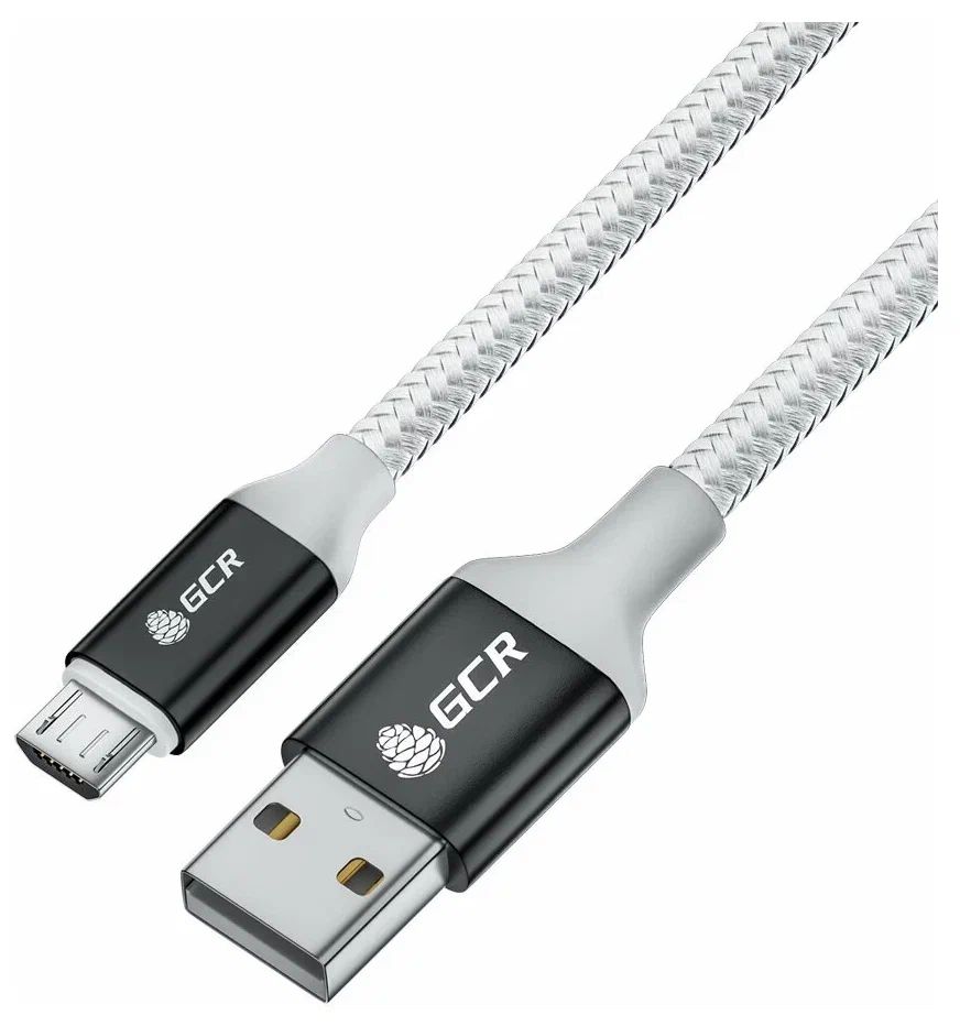 

Кабель 0.5m MicroUSB GCR QC, быстрая зарядка, белый нейлон, AL корпус черный, белый ПВХ