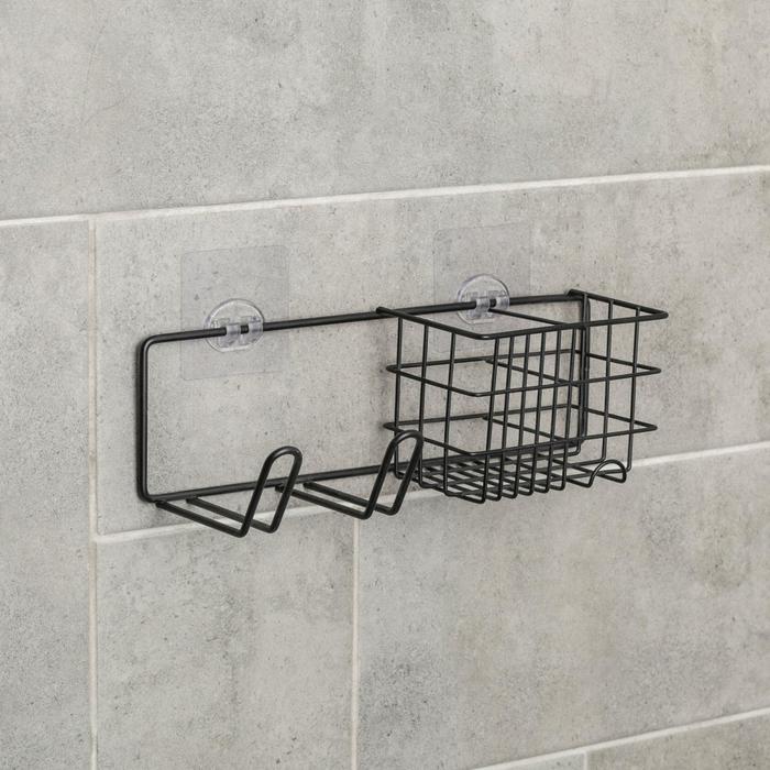 

Полка на липучке с держателем для фена, 27x8x8 см, цвет чёрный