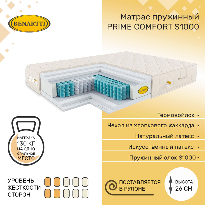 

Матрас пружинный Benartti Prime Comfort S1000 100х185, высота 26 см, Бежевый, Prime Comfort S1000