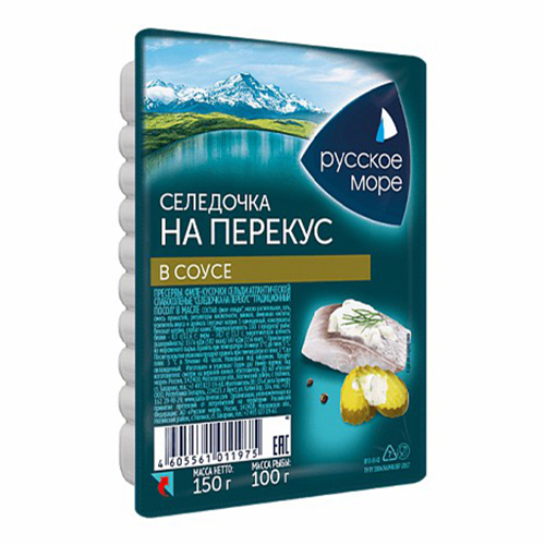 

Сельдь слабосоленая Русское море Селедочка на перекус кусочки филе в соусе 150 г