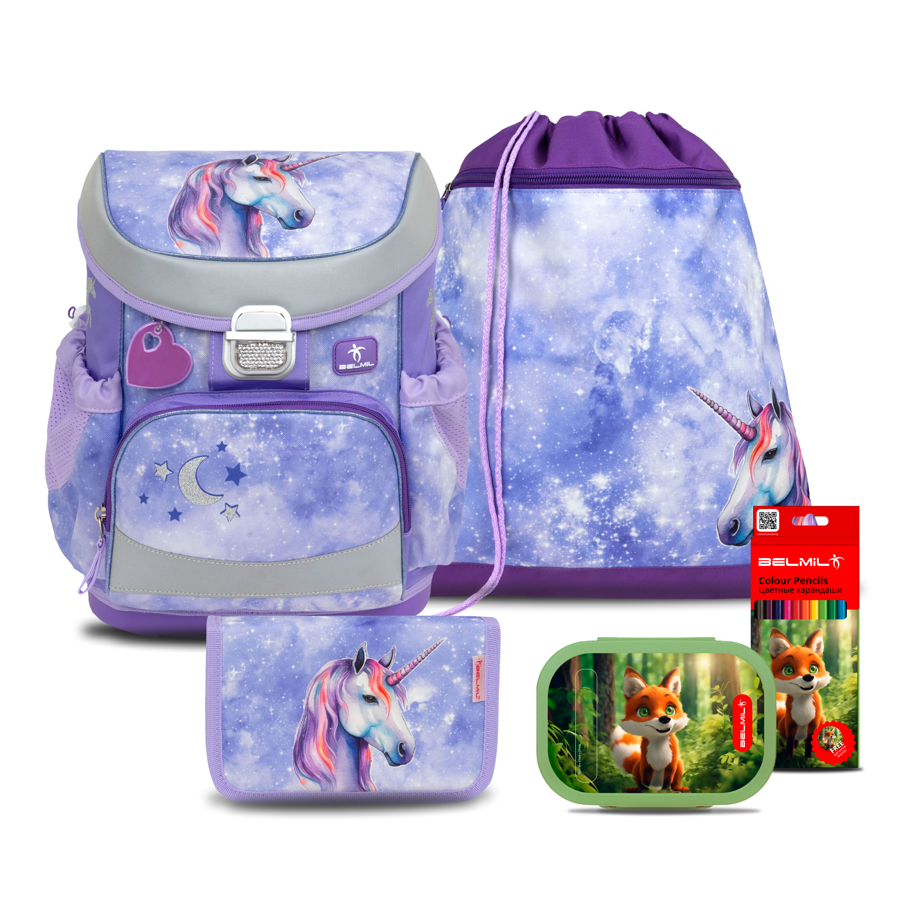 

Школьный ранец Belmil Mini-Fit Mistyc Luna с наполнением серия 405-33-A21-SET, Фиолетовый, "Mistyc Luna" с наполнением