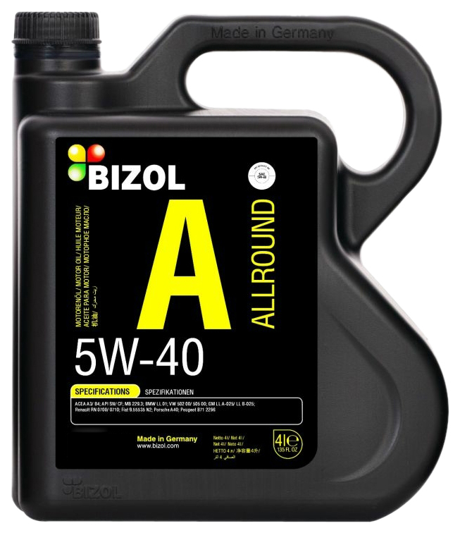 Моторное масло BIZOL Allround ACEA A3/B4 API SN/CF синтетическое 5W40 4л