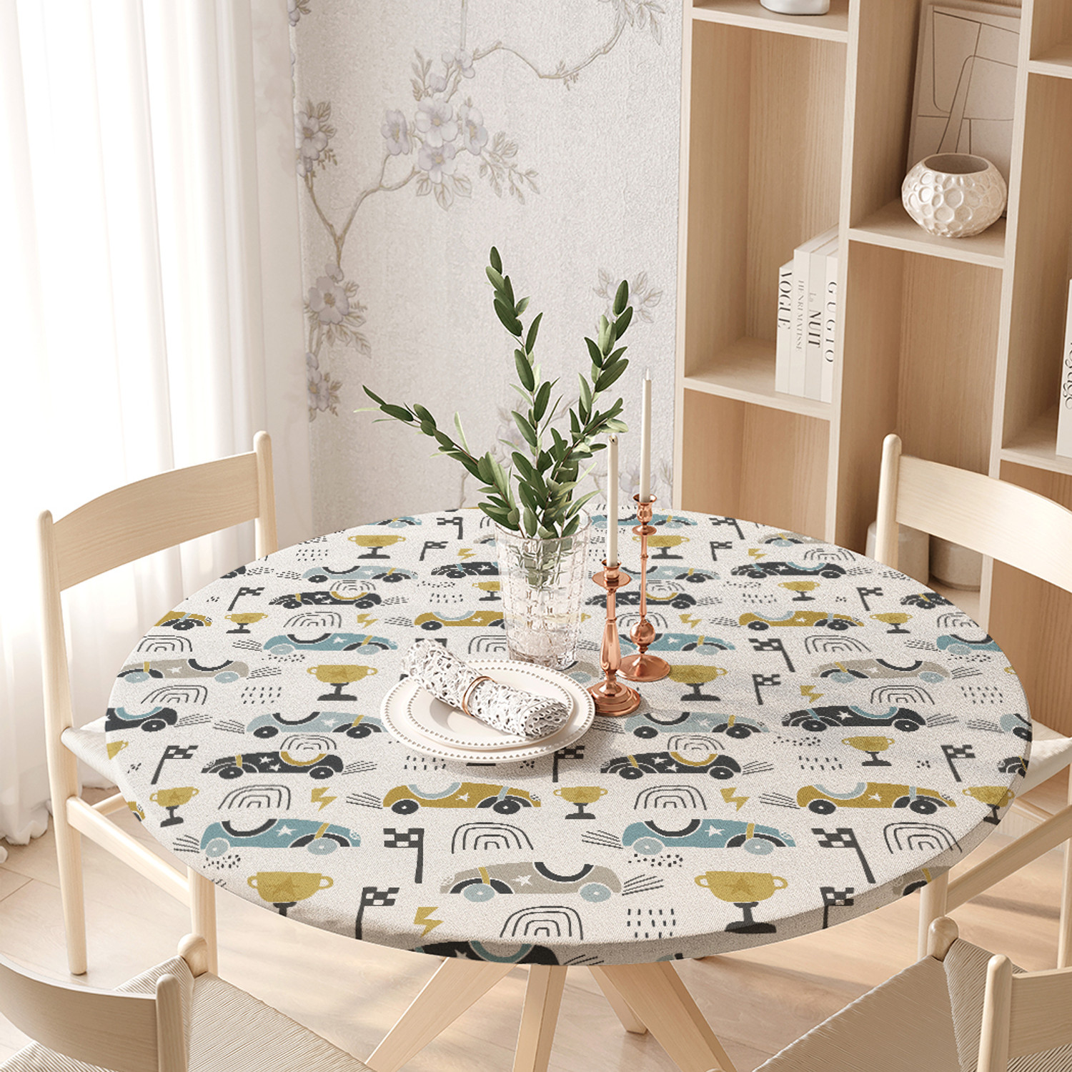 

Скатерть на кухонный стол JoyArty Автогонки на резинке 105-120 см, Белый, Автогонки