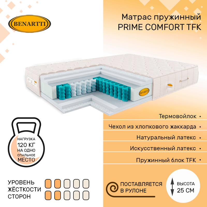 

Матрас пружинный Benartti Prime Comfort TFK 125х180, высота 25 см, Бежевый, Prime Comfort TFK