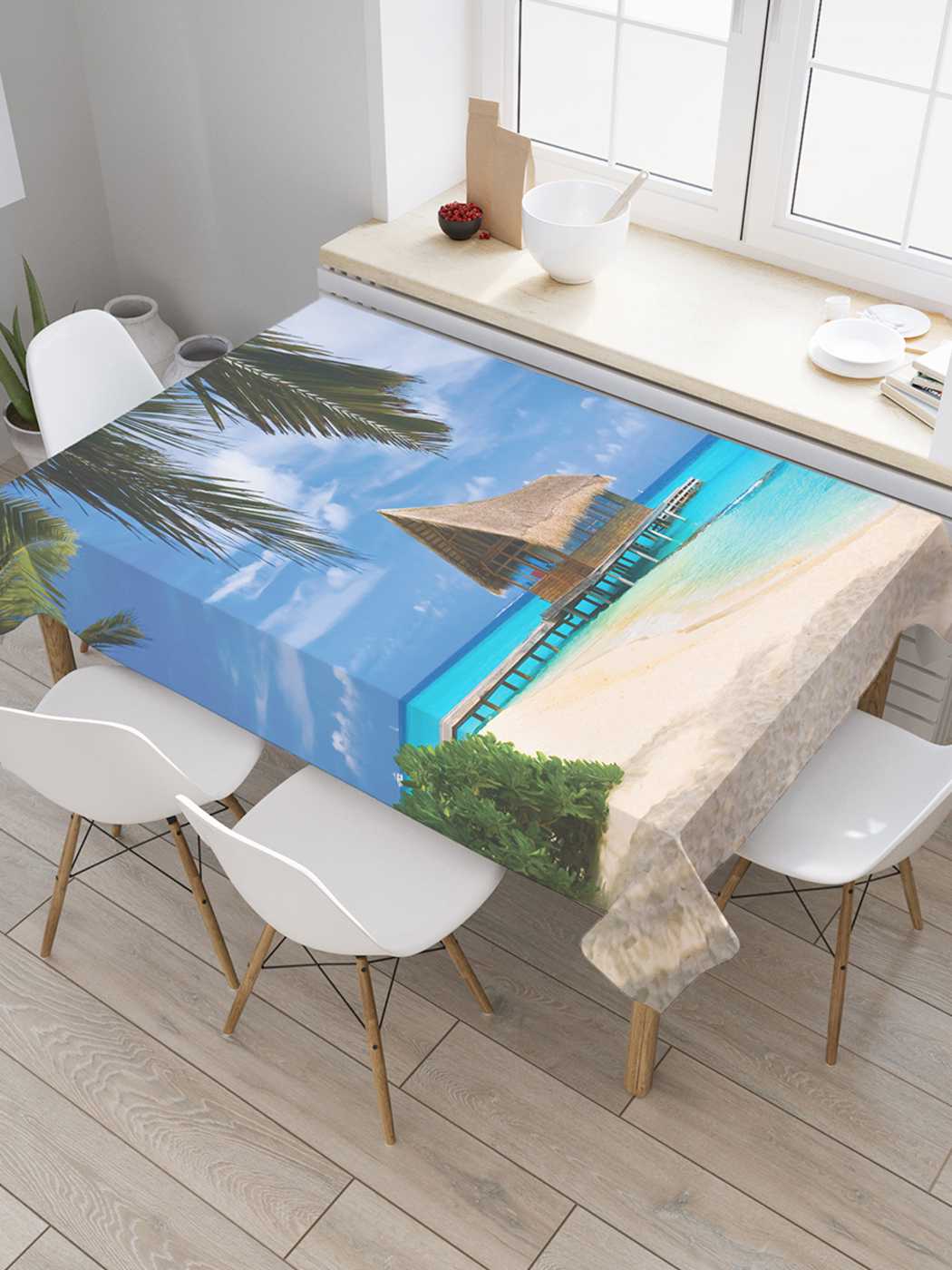 

Скатерть прямоугольная JoyArty "Домик на пляже" из оксфорда, 180x145 см, Синий, Домик на пляже