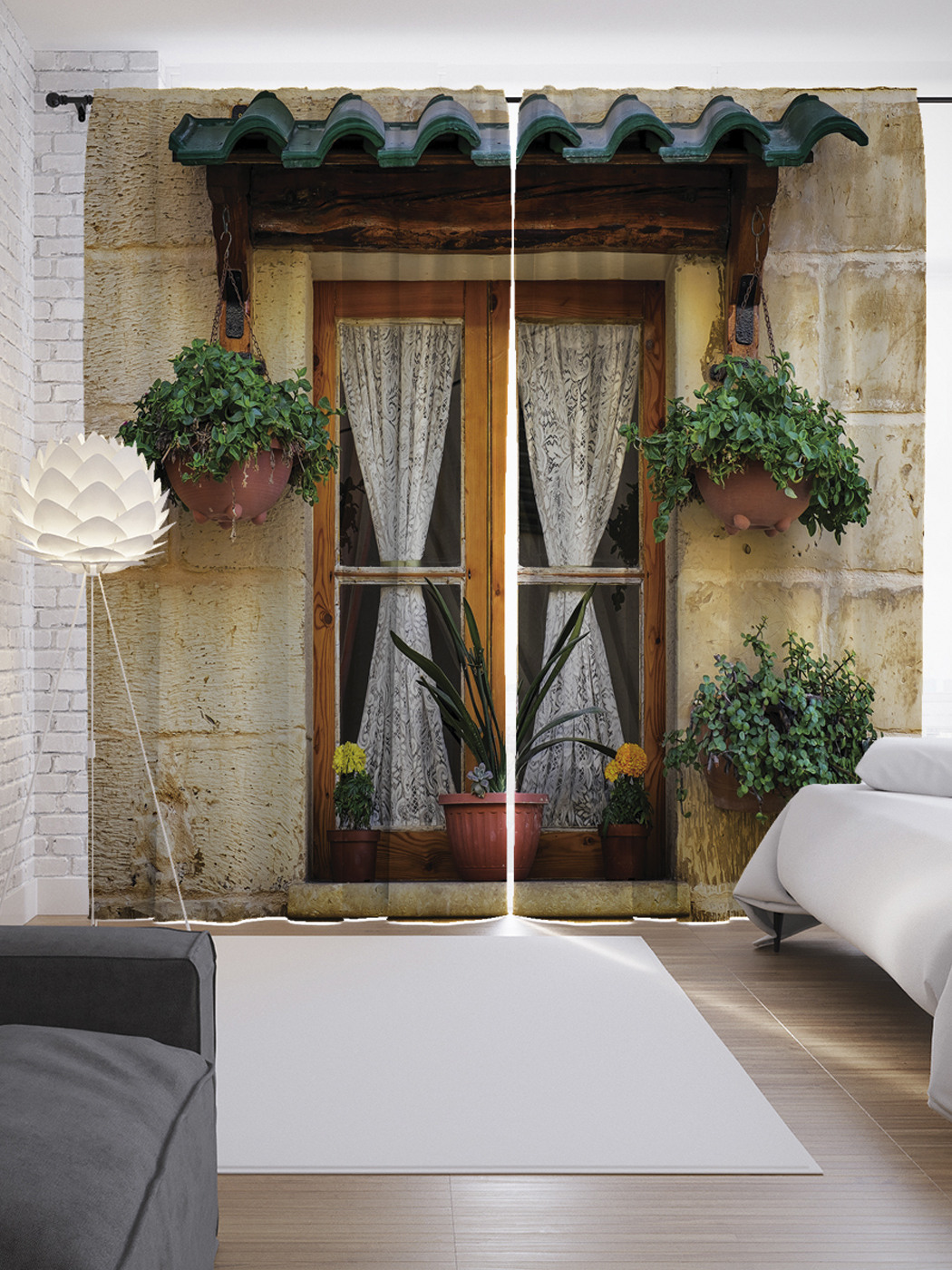 

Шторы с фотопечатью "Окна с вазонами" из сатена, 290х265 см