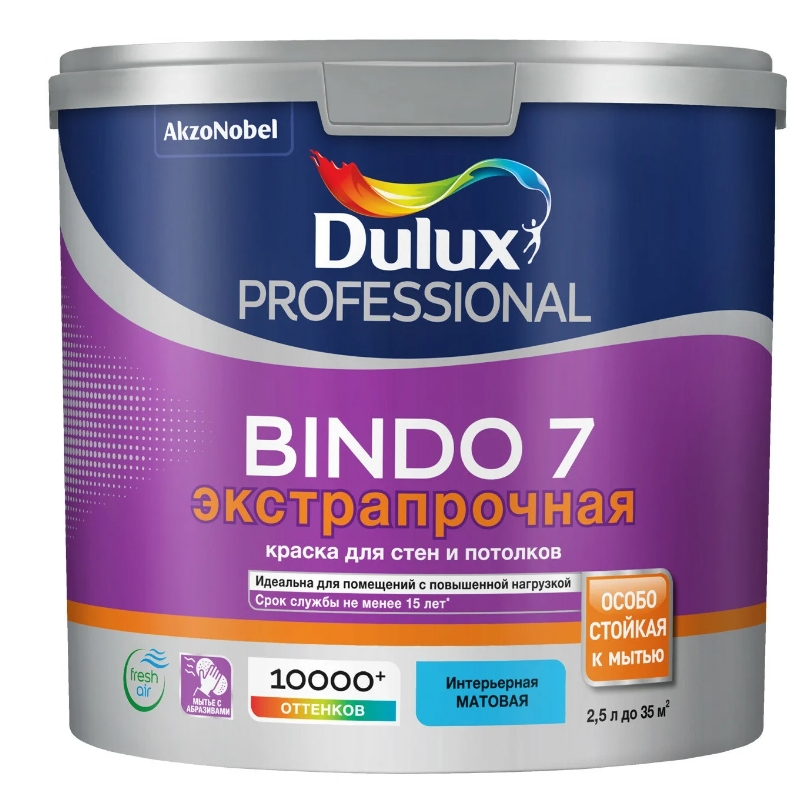 

DULUX Краска в/д BINDO 7 BW матовая 2,5 л, Прозрачный, 7000660