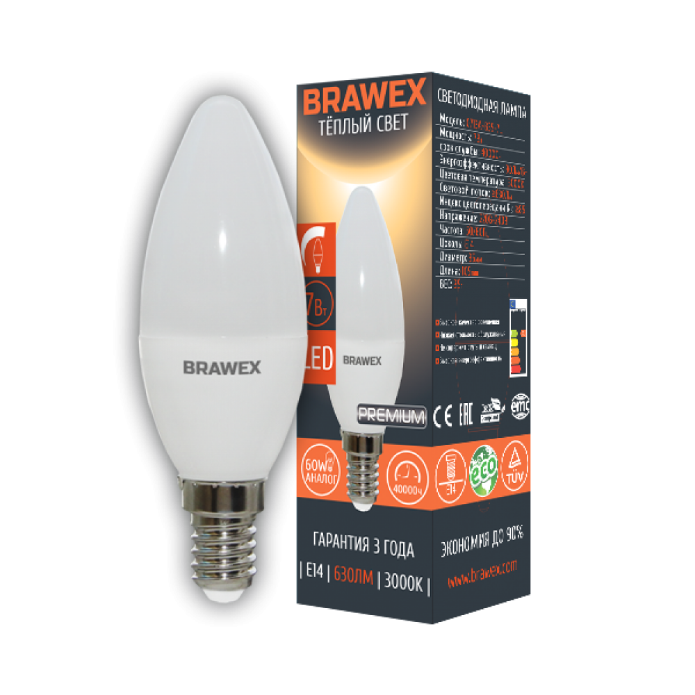 

Светодиодная лампа BRAWEX свеча 7Вт 3000К B35 Е14 диммируемая 0713A-B35-7L DIM