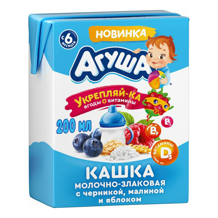 

Каша Агуша Укрепляй-ка злаковая 2,7% молочная Черника-малина-яблоко с 6 месяцев 200 мл