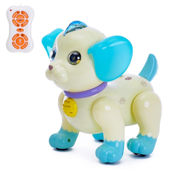 Робот-собака, Умный питомец, радиоуправляемый, русский звуковой чип, цвет бело-голубой программируемый робот hiper умный жук