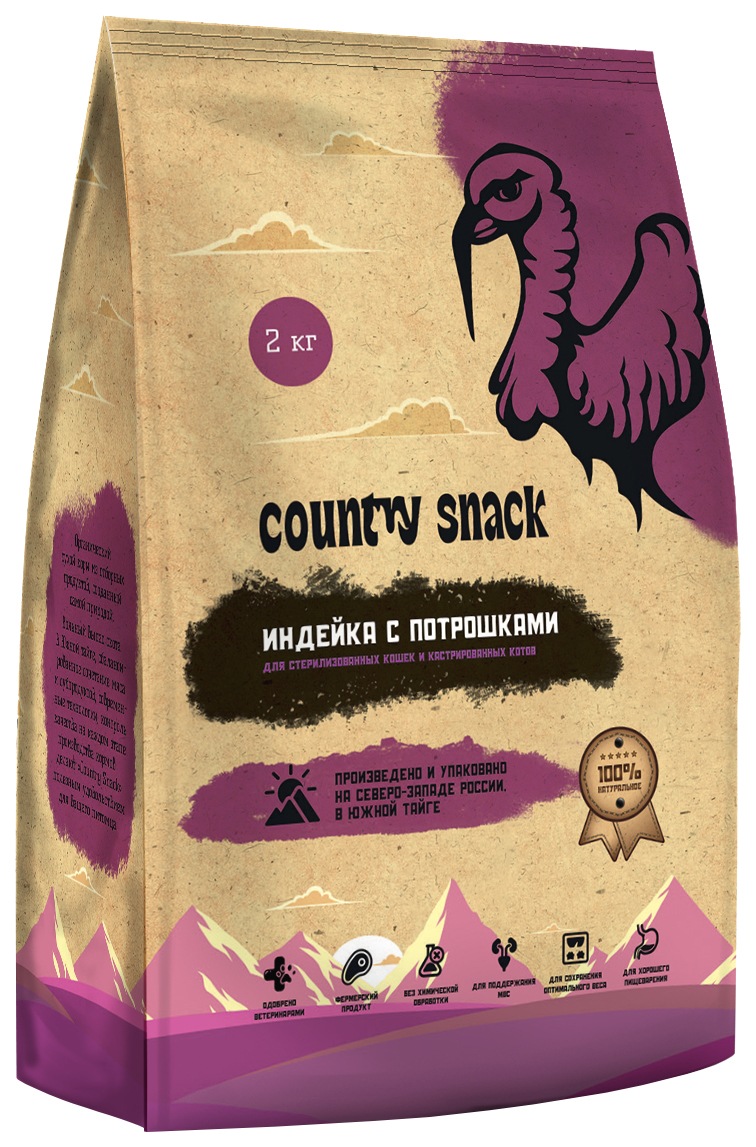 фото Сухой корм для кошек country snack индейка с потрошками, для стерилизованных, 2 кг