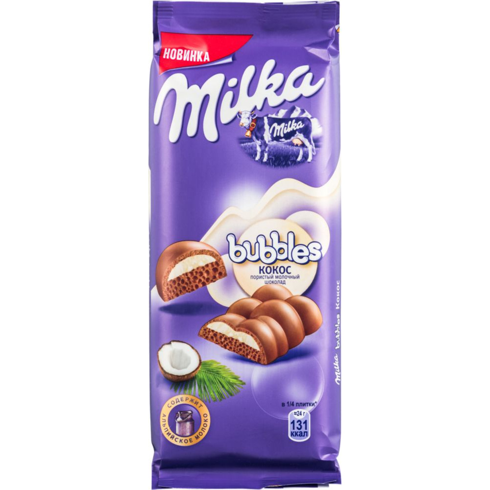 фото Шоколад молочный пористый milka bubbles с кокосовой начинкой 97 г