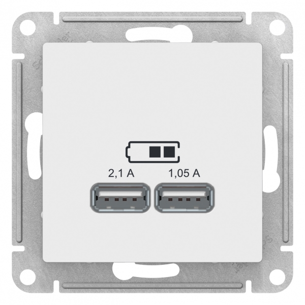 фото Розетка se atlasdesign белая usb, 5в, 1 порт x 2,1 а, 2 порта х 1,05 а, механизм schneider electric