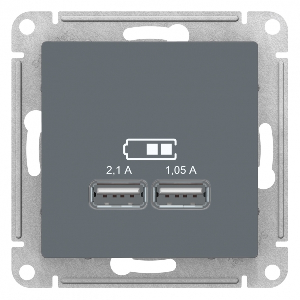 фото Розетка se atlasdesign грифель usb, 5в, 1 порт x 2,1 а, 2 порта х 1,05 а, механизм schneider electric