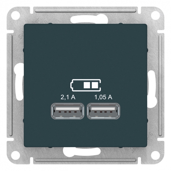 Розетка SE AtlasDesign Изумруд USB, 5В, 1 порт x 2,1 А, 2 порта х 1,05 А, механизм