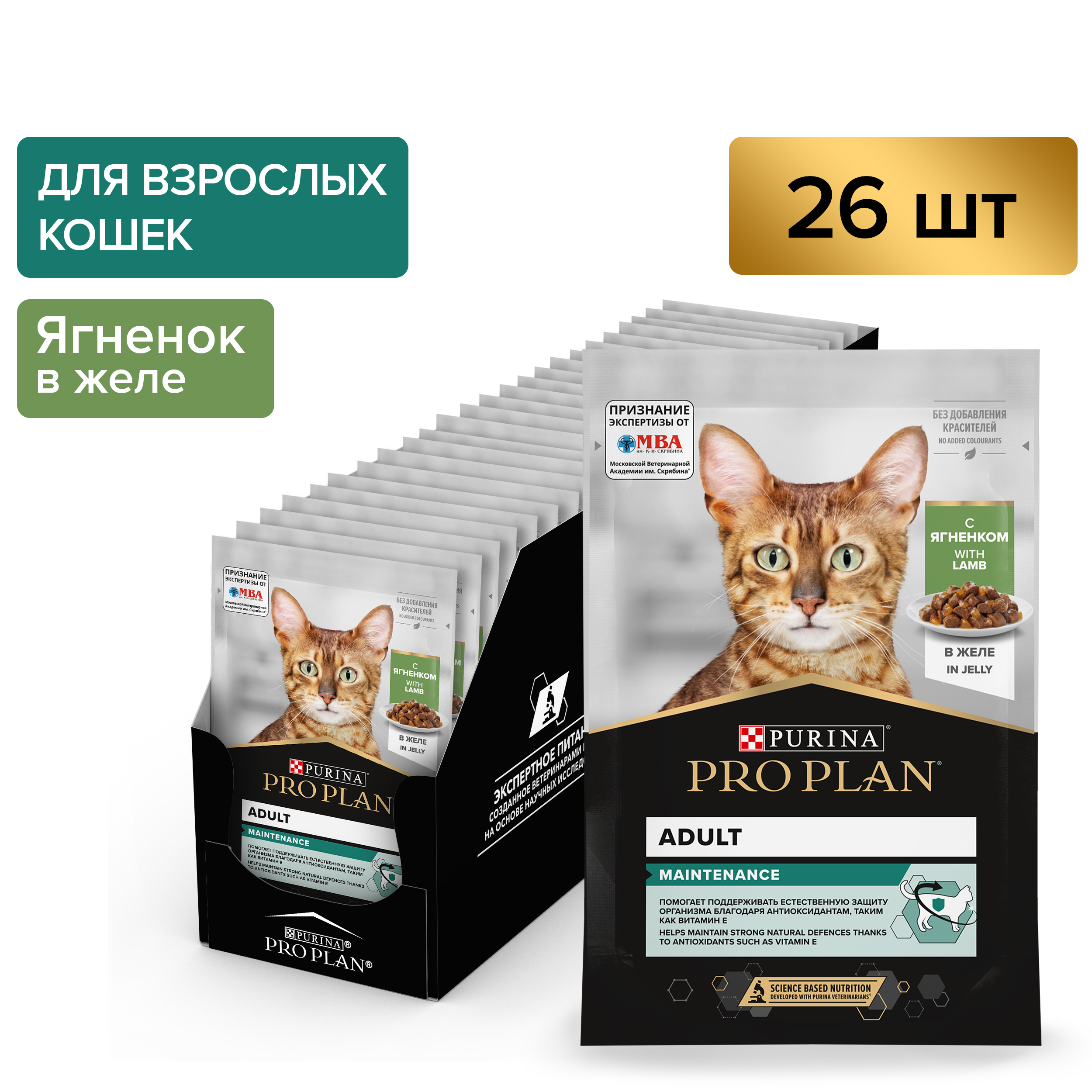 

Влажный корм PRO PLAN для взрослых кошек, с ягненком в желе, 85 г x 26 шт