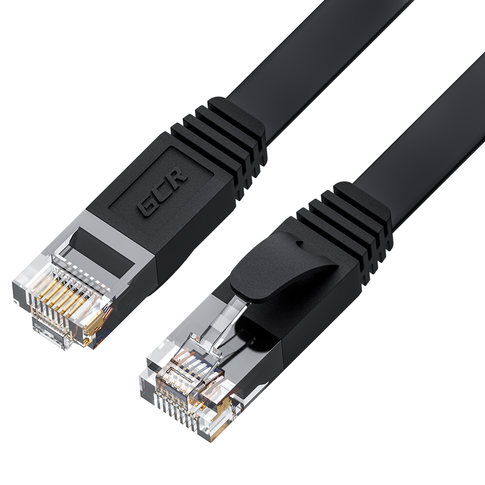 фото Gcr патч-корд 2.0m prof плоский прямой кат.7 ethernet, медь, черный, rj45, t568b