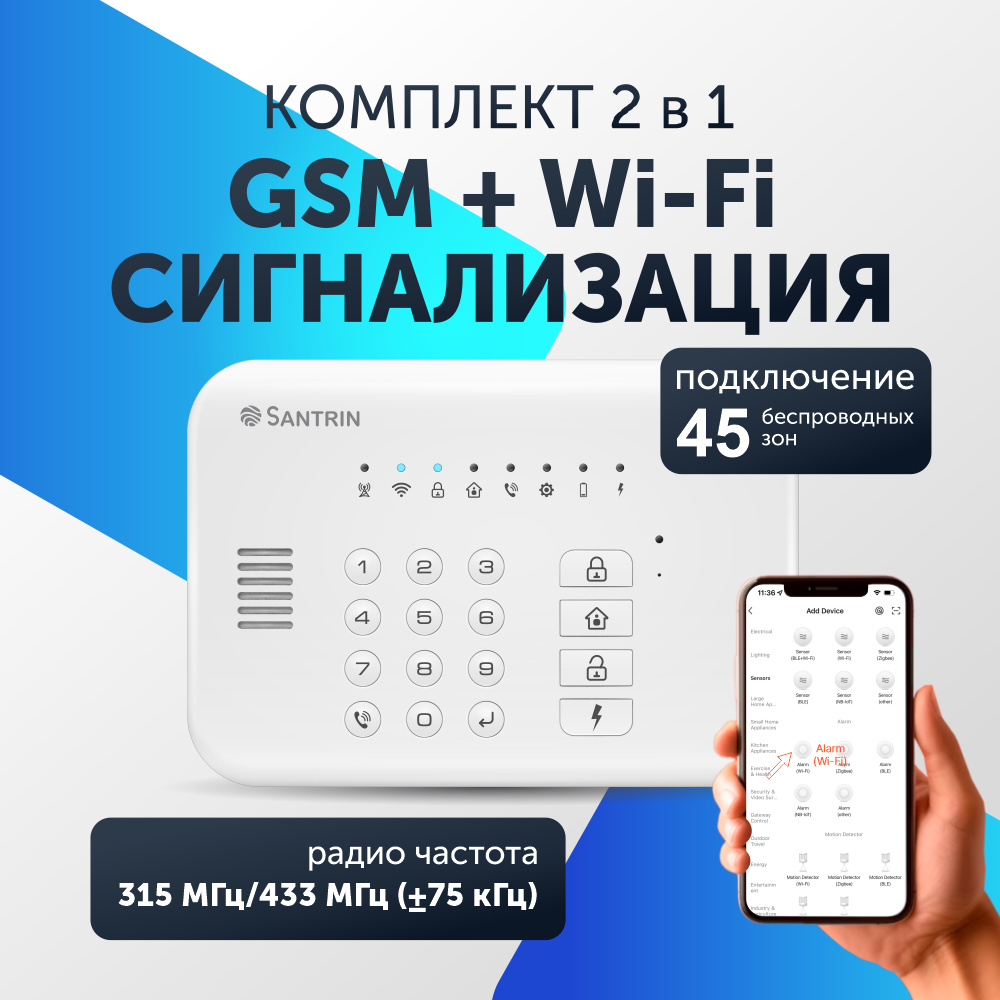 

Беспроводная охранная пожарная GSM + WI-FI сигнализация комплект для дома, квартиры, дачи