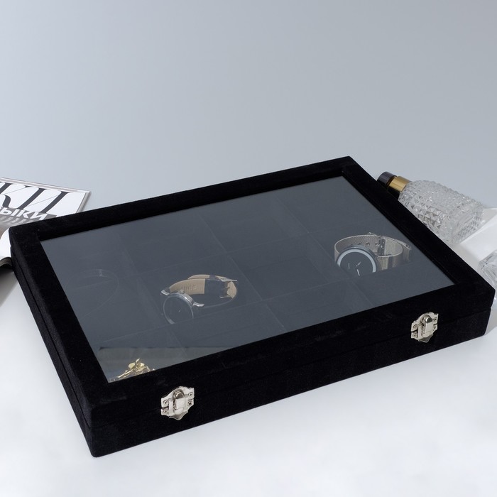 фото Подставка для украшений "шкатулка" 12 ячеек, стеклянная крышка, цвет чёрный nobrand