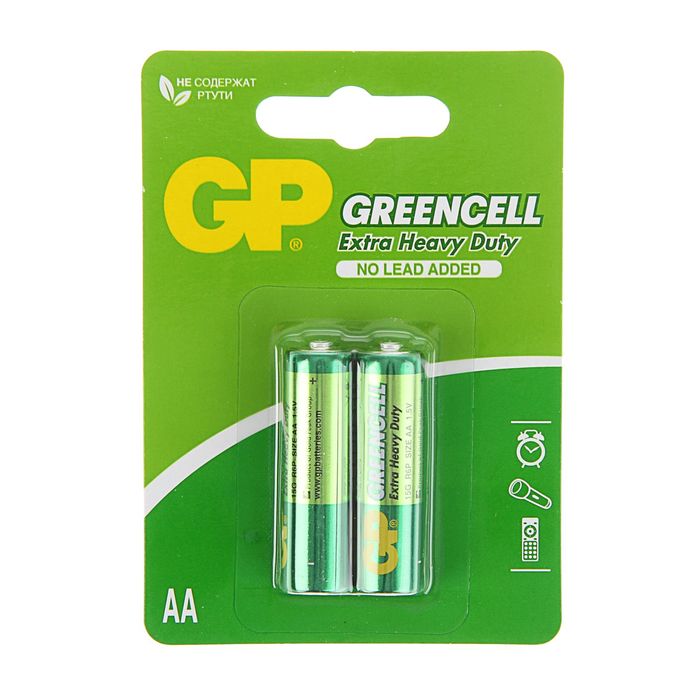 GP Батарейка солевая GP Greencell Extra Heavy Duty, AA, R6-2BL, 1.5В, блистер, 2 шт.