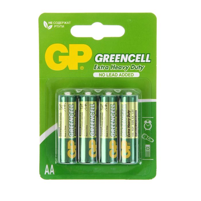 GP Батарейка солевая GP Greencell Extra Heavy Duty, AA, R6-4BL, 1.5В, блистер, 4 шт.