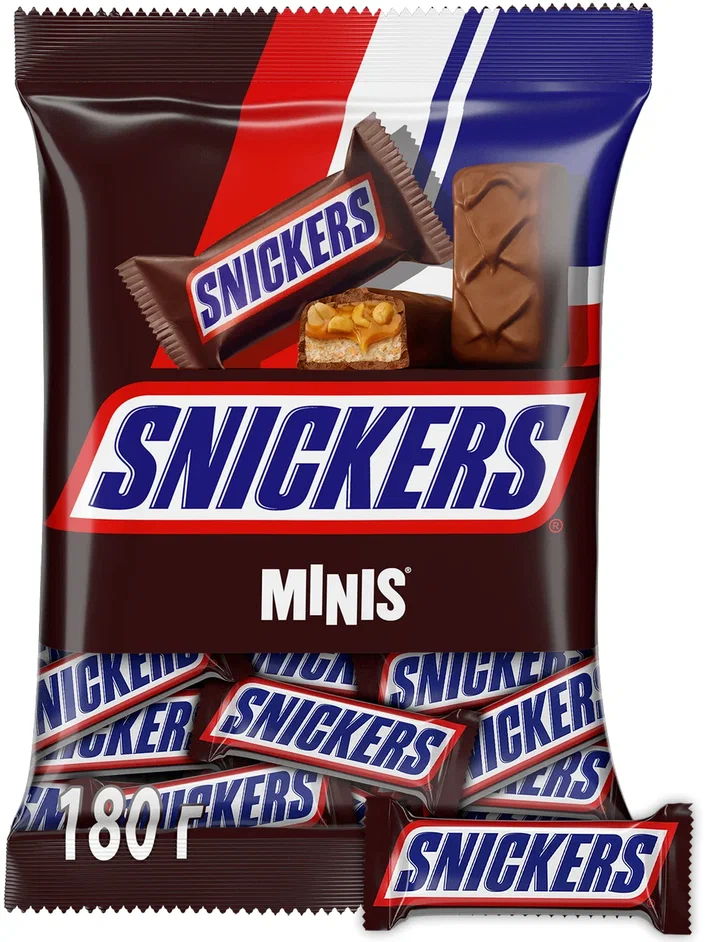 фото Шоколадные конфеты snickers minis, молочный шоколад, арахис, пакет, 180 гр.